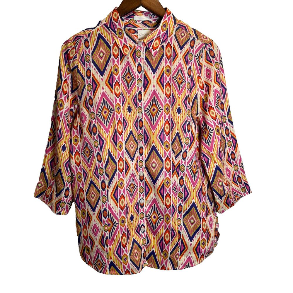 Chico's No Iron Colorful Southwest Aztec Boho Beachy Shirt Women's Size XS